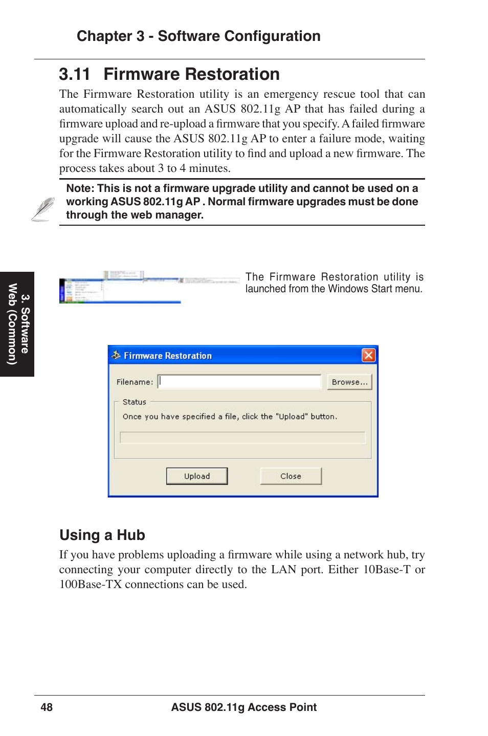 11 firmware restoration, Chapter 3 - software configuration, Using a hub | Asus WL-320gE User Manual | Page 48 / 77