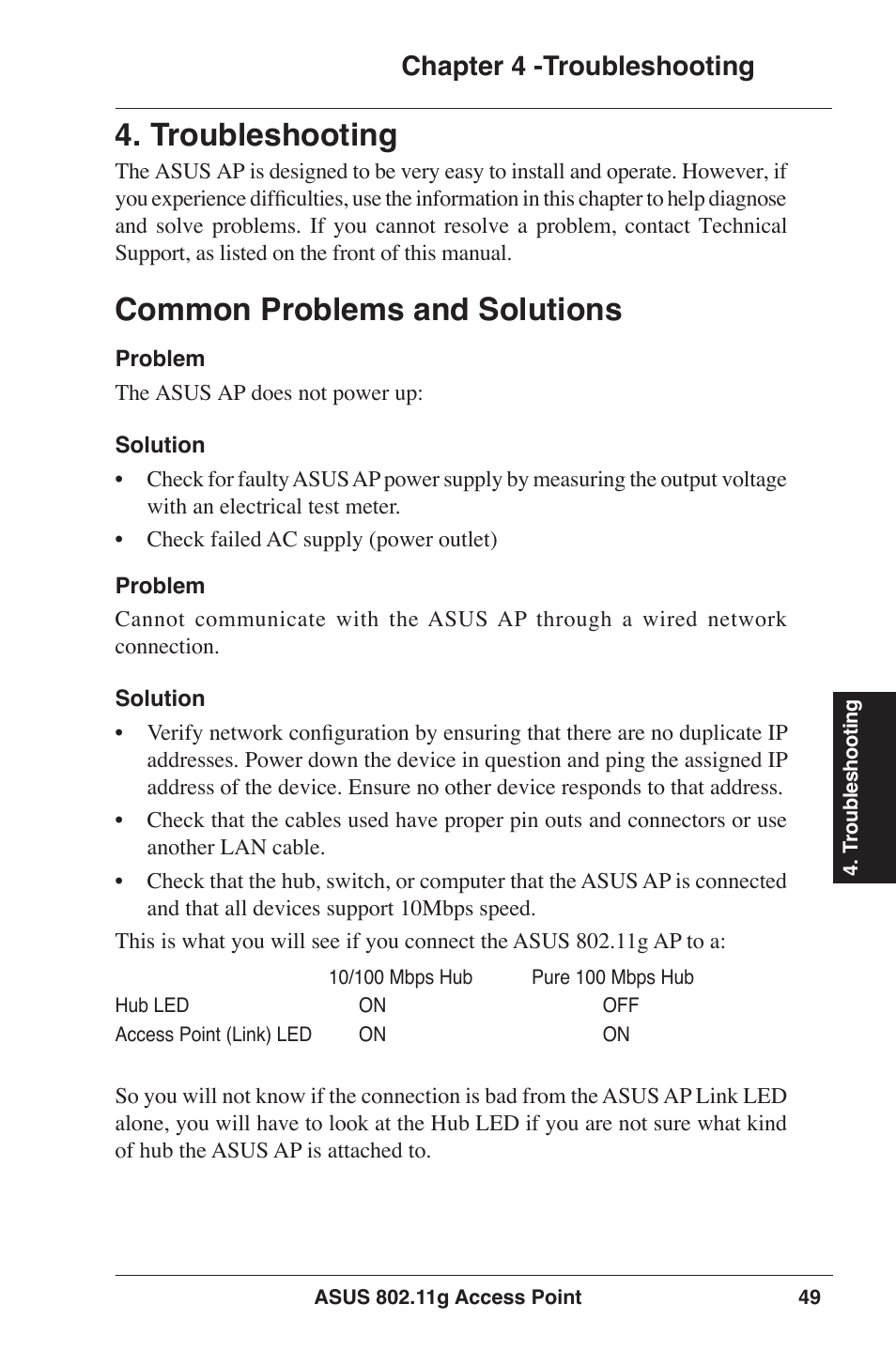 Troubleshooting, Common problems and solutions, Chapter 4 -troubleshooting | Asus WL-320gE User Manual | Page 49 / 77