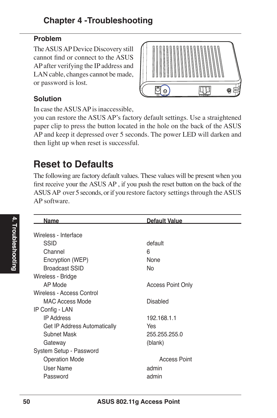 Reset to defaults, Chapter 4 -troubleshooting | Asus WL-320gE User Manual | Page 50 / 77