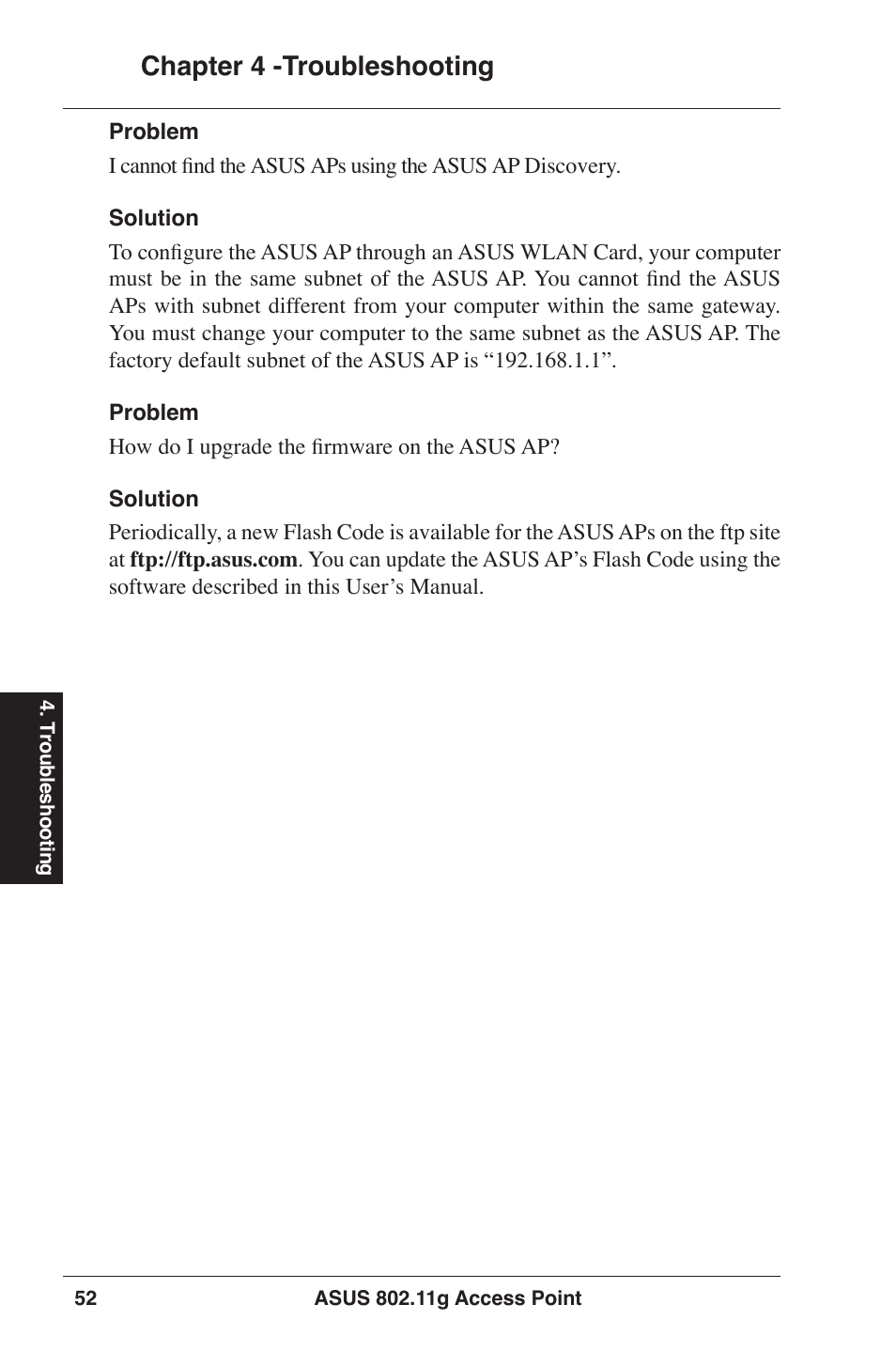 Chapter 4 -troubleshooting | Asus WL-320gE User Manual | Page 52 / 77