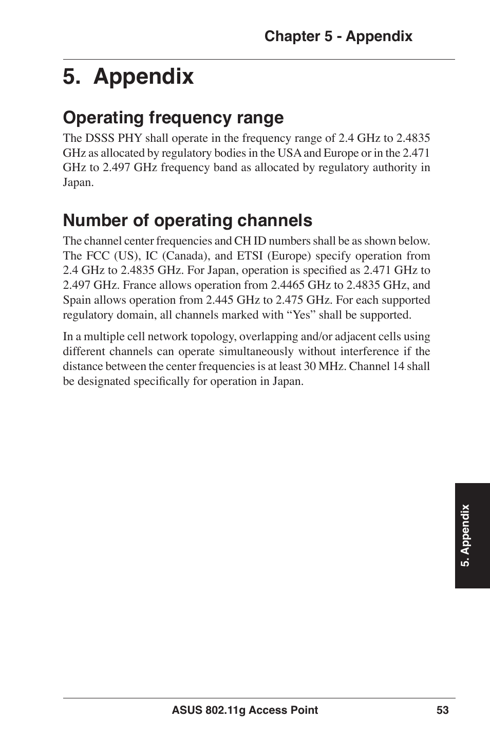 Appendix, Operating frequency range, Number of operating channels | Asus WL-320gE User Manual | Page 53 / 77