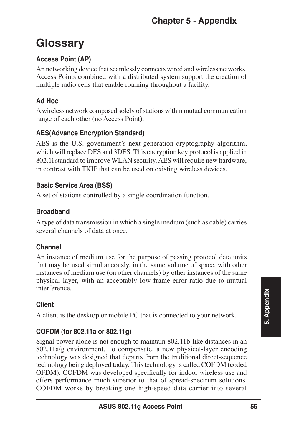 Glossary, Chapter  - appendix | Asus WL-320gE User Manual | Page 55 / 77