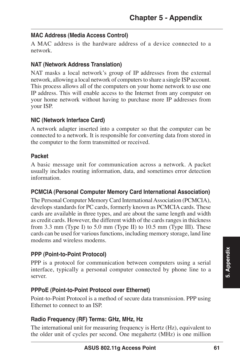 Chapter  - appendix | Asus WL-320gE User Manual | Page 61 / 77