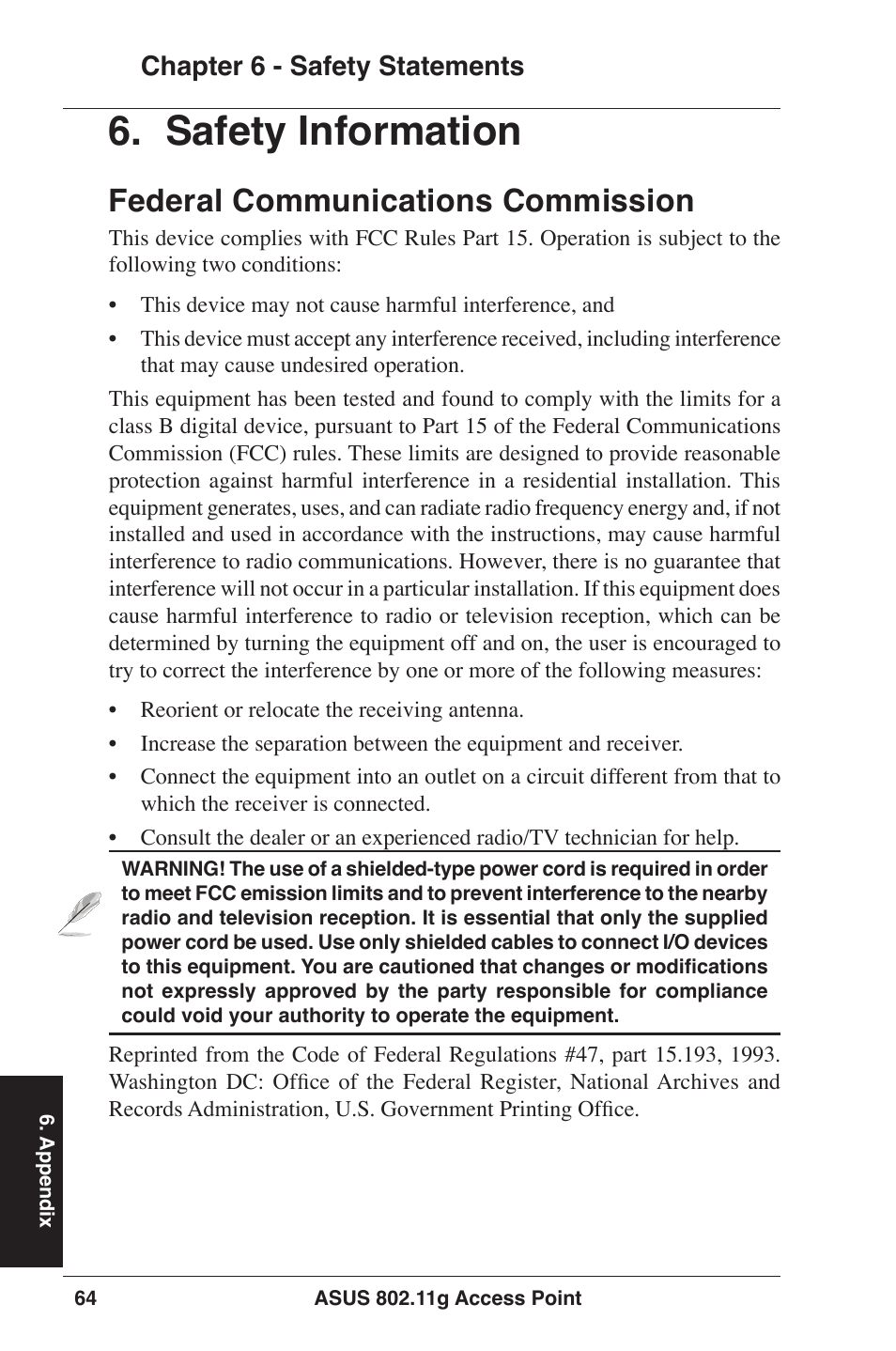 Safety information, Federal communications commission, Chapter 6 - safety statements | Asus WL-320gE User Manual | Page 64 / 77