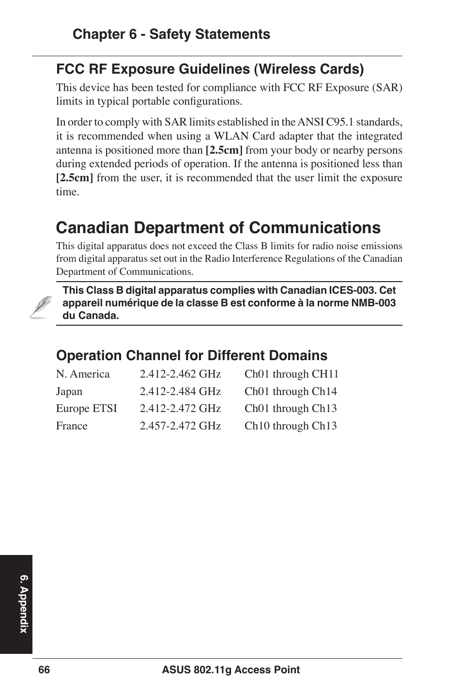 Canadian department of communications, Operation channel for different domains | Asus WL-320gE User Manual | Page 66 / 77