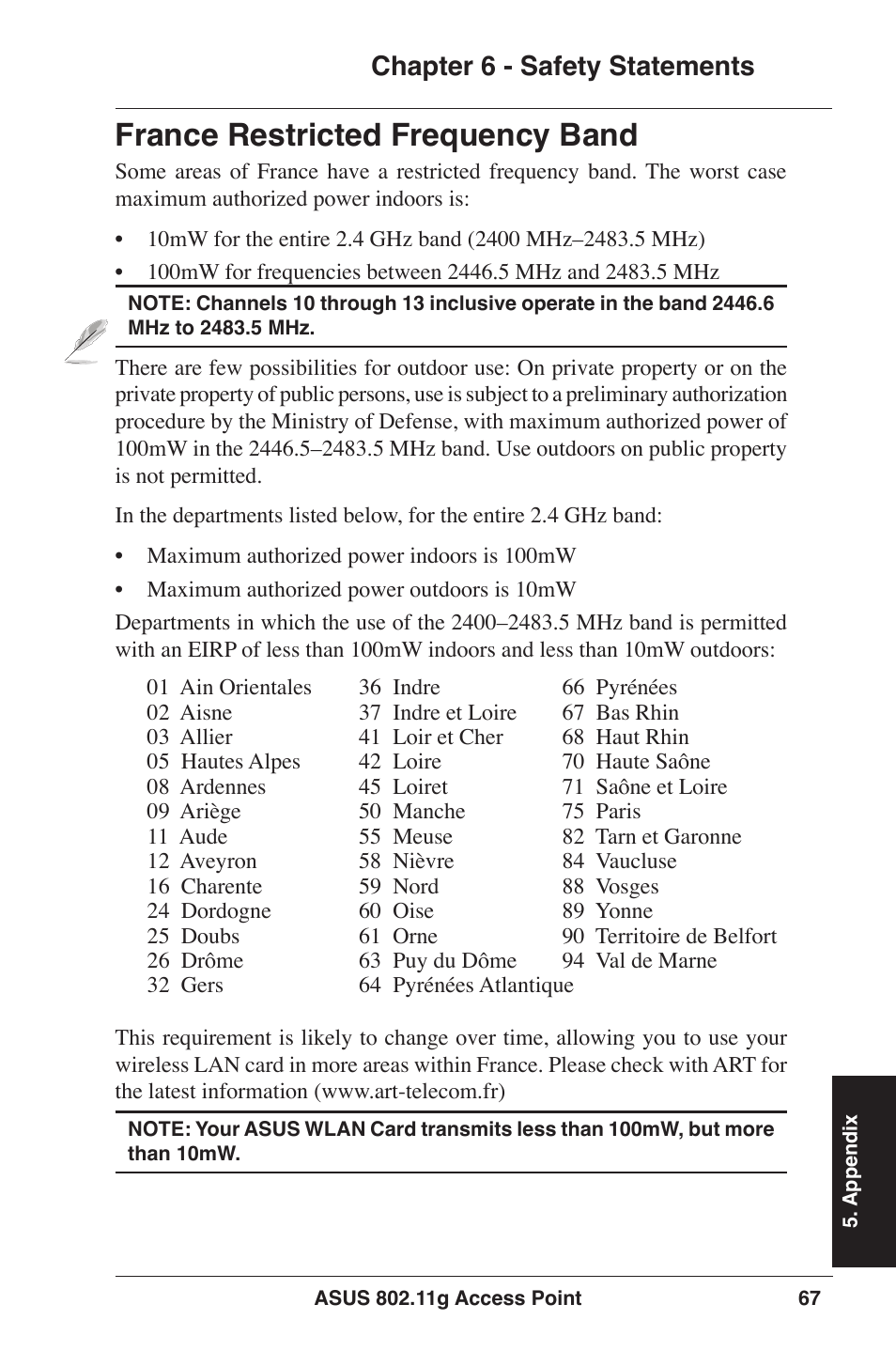 France restricted frequency band, Chapter 6 - safety statements | Asus WL-320gE User Manual | Page 67 / 77