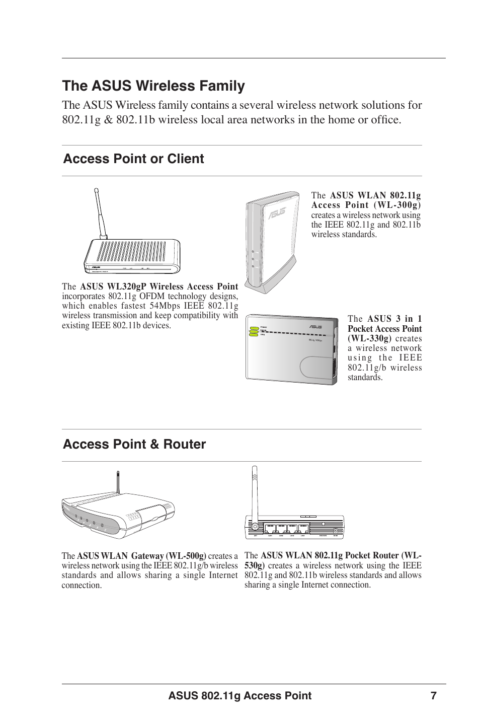 The asus wireless family, Access point or client, Access point & router | Asus WL-320gE User Manual | Page 7 / 77