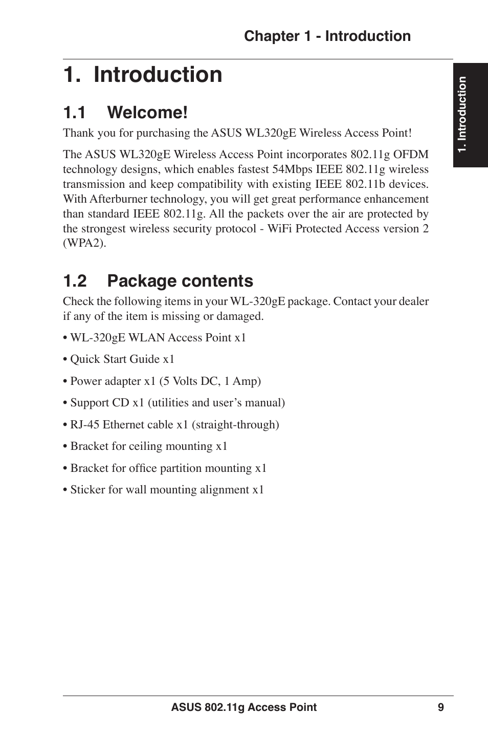 Introduction, 1 welcome, 2 package contents | Asus WL-320gE User Manual | Page 9 / 77