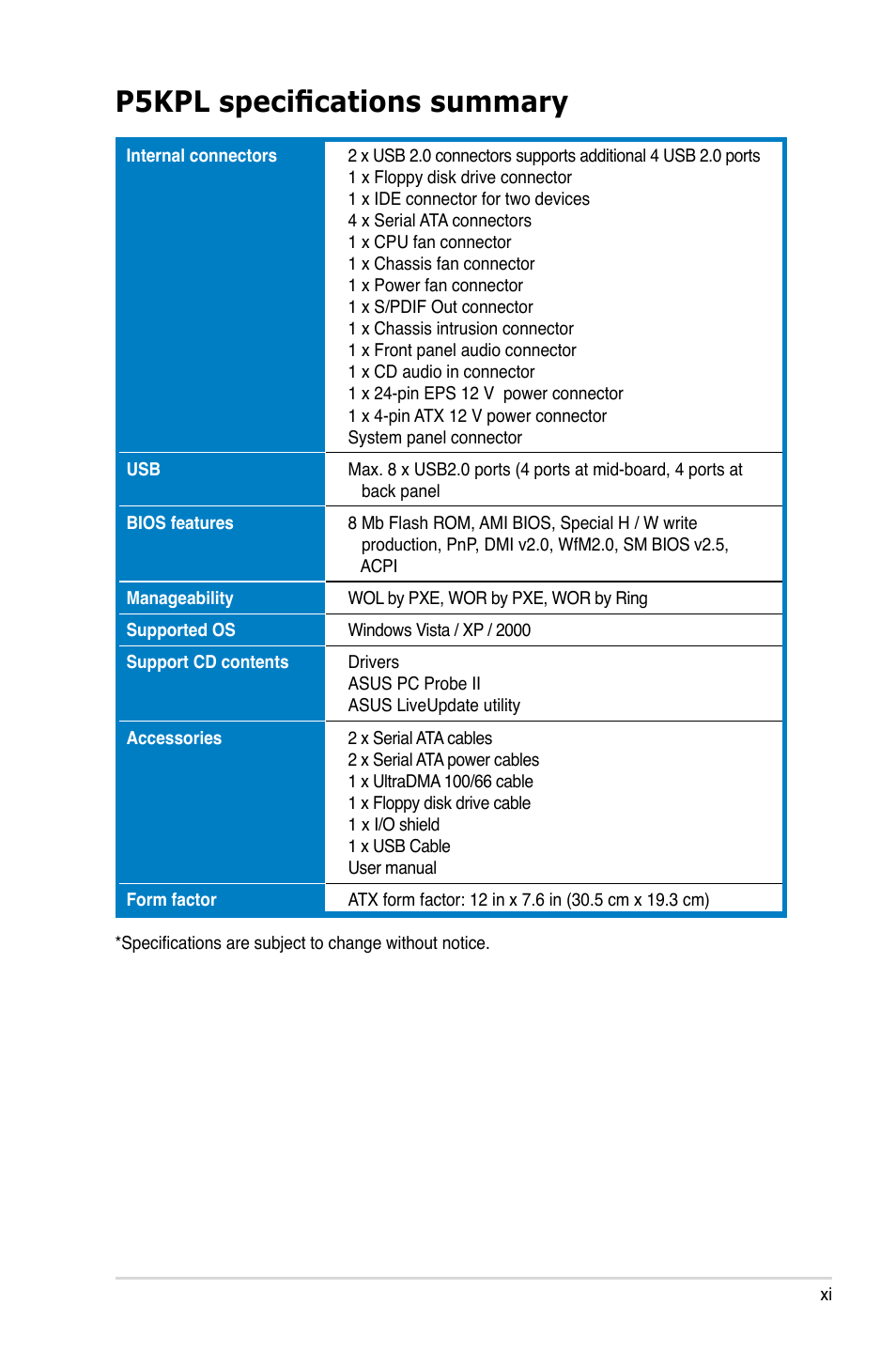 P5kpl specifications summary | Asus P5KPL User Manual | Page 11 / 96