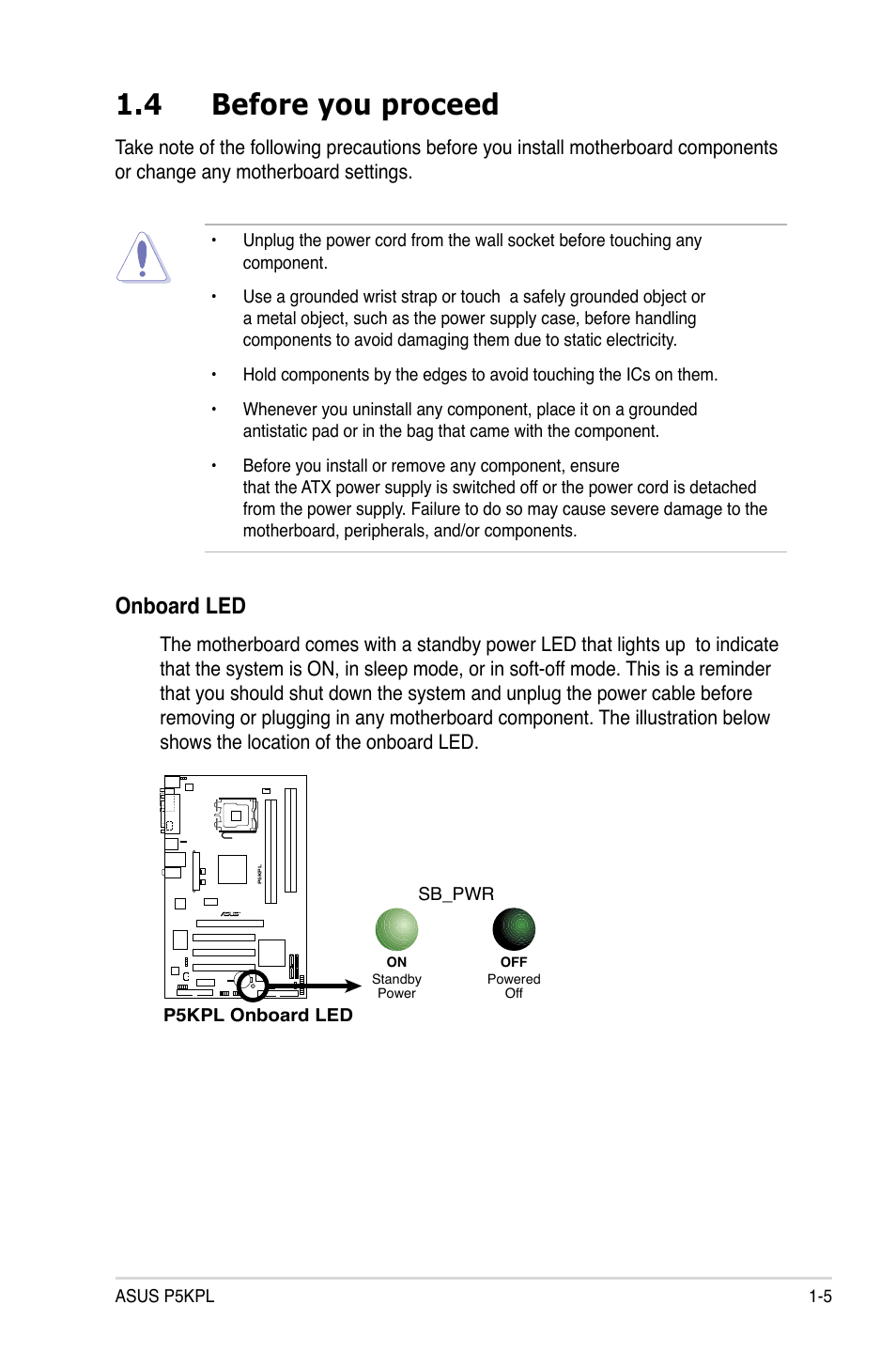 4 before you proceed, Onboard led | Asus P5KPL User Manual | Page 17 / 96