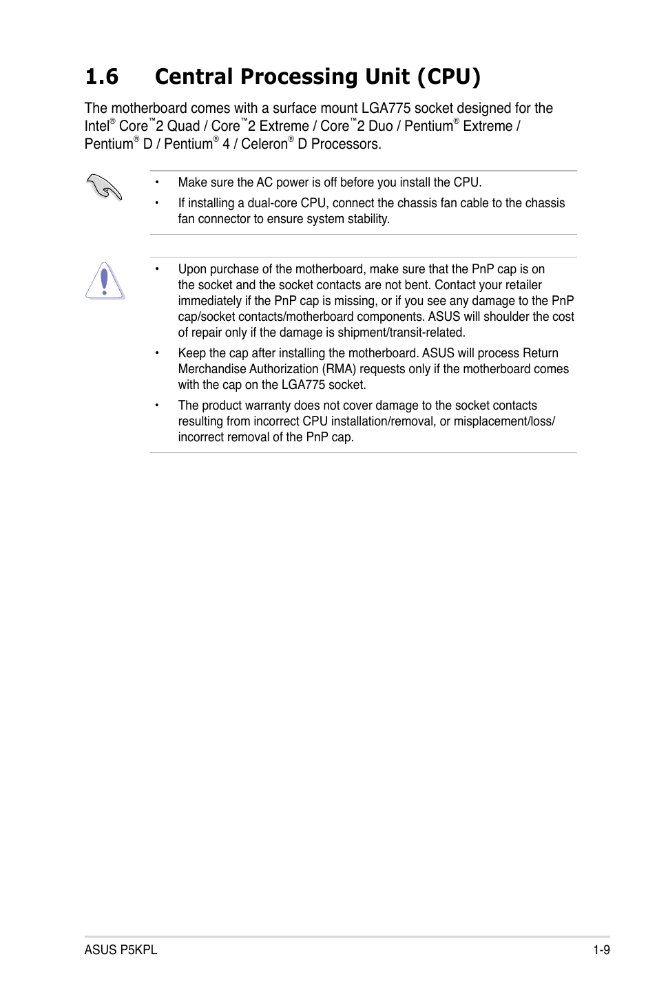 6 central processing unit (cpu) | Asus P5KPL User Manual | Page 21 / 96