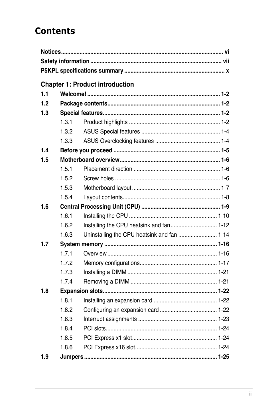 Asus P5KPL User Manual | Page 3 / 96