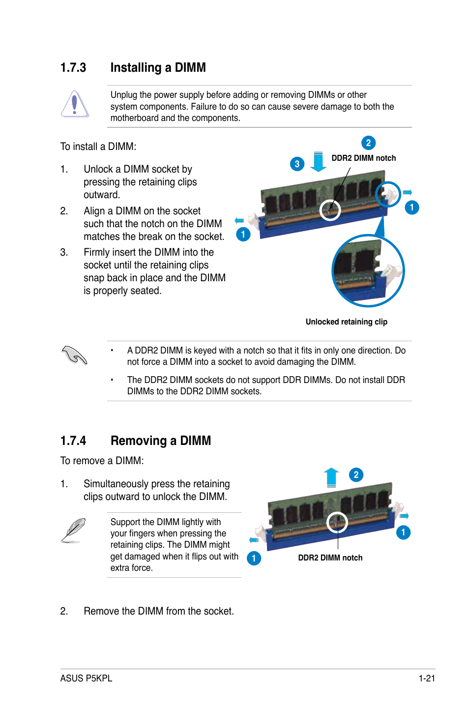 3 installing a dimm, 4 removing a dimm | Asus P5KPL User Manual | Page 33 / 96