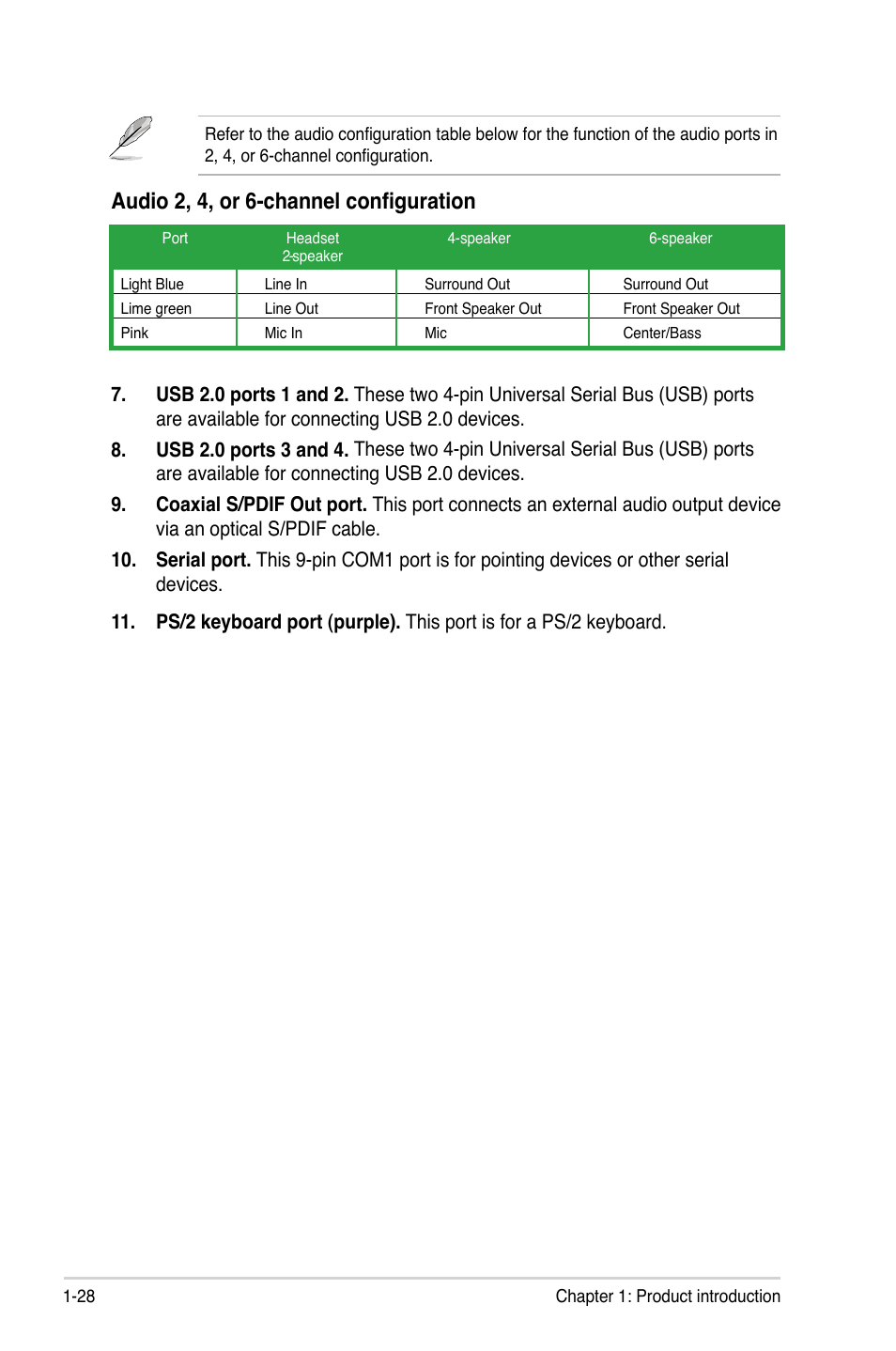 Audio 2, 4, or 6-channel configuration | Asus P5KPL User Manual | Page 40 / 96