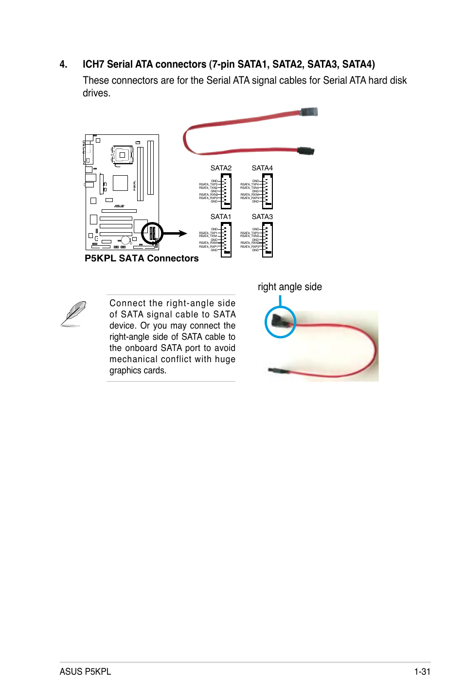 Right angle side, Asus p5kpl 1-31, P5kpl sata connectors | Asus P5KPL User Manual | Page 43 / 96