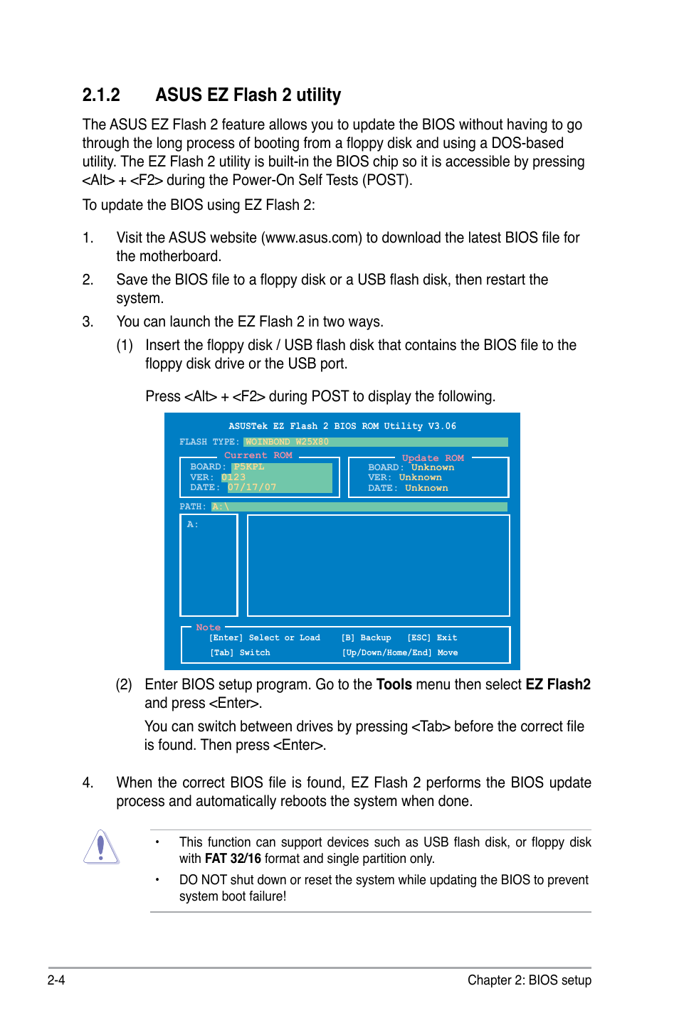 2 asus ez flash 2 utility | Asus P5KPL User Manual | Page 54 / 96