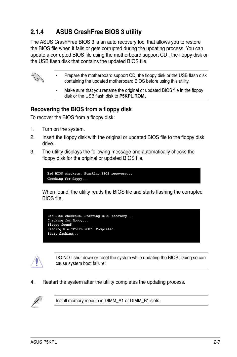 4 asus crashfree bios 3 utility, Recovering the bios from a floppy disk | Asus P5KPL User Manual | Page 57 / 96