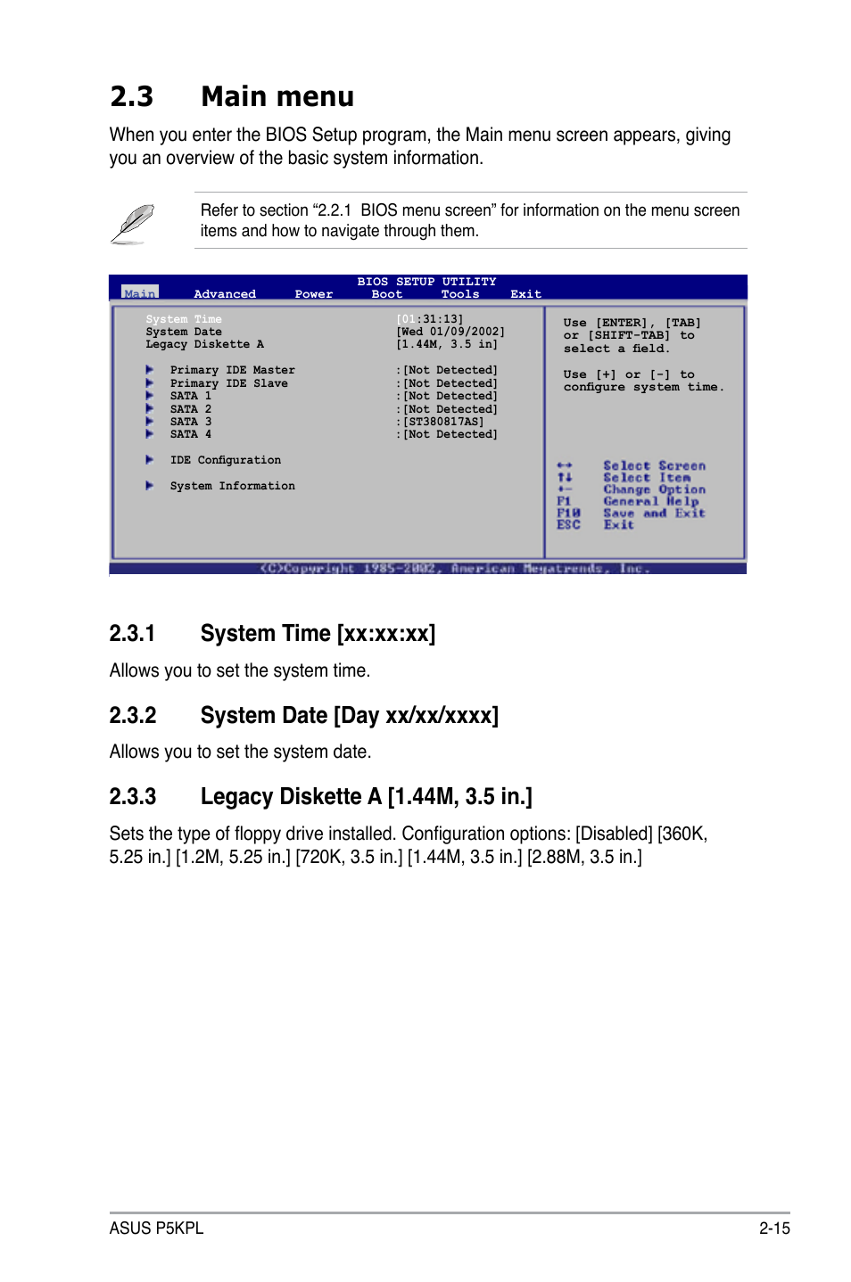 3 main menu, 1 system time [xx:xx:xx, Allows you to set the system time | Allows you to set the system date | Asus P5KPL User Manual | Page 65 / 96