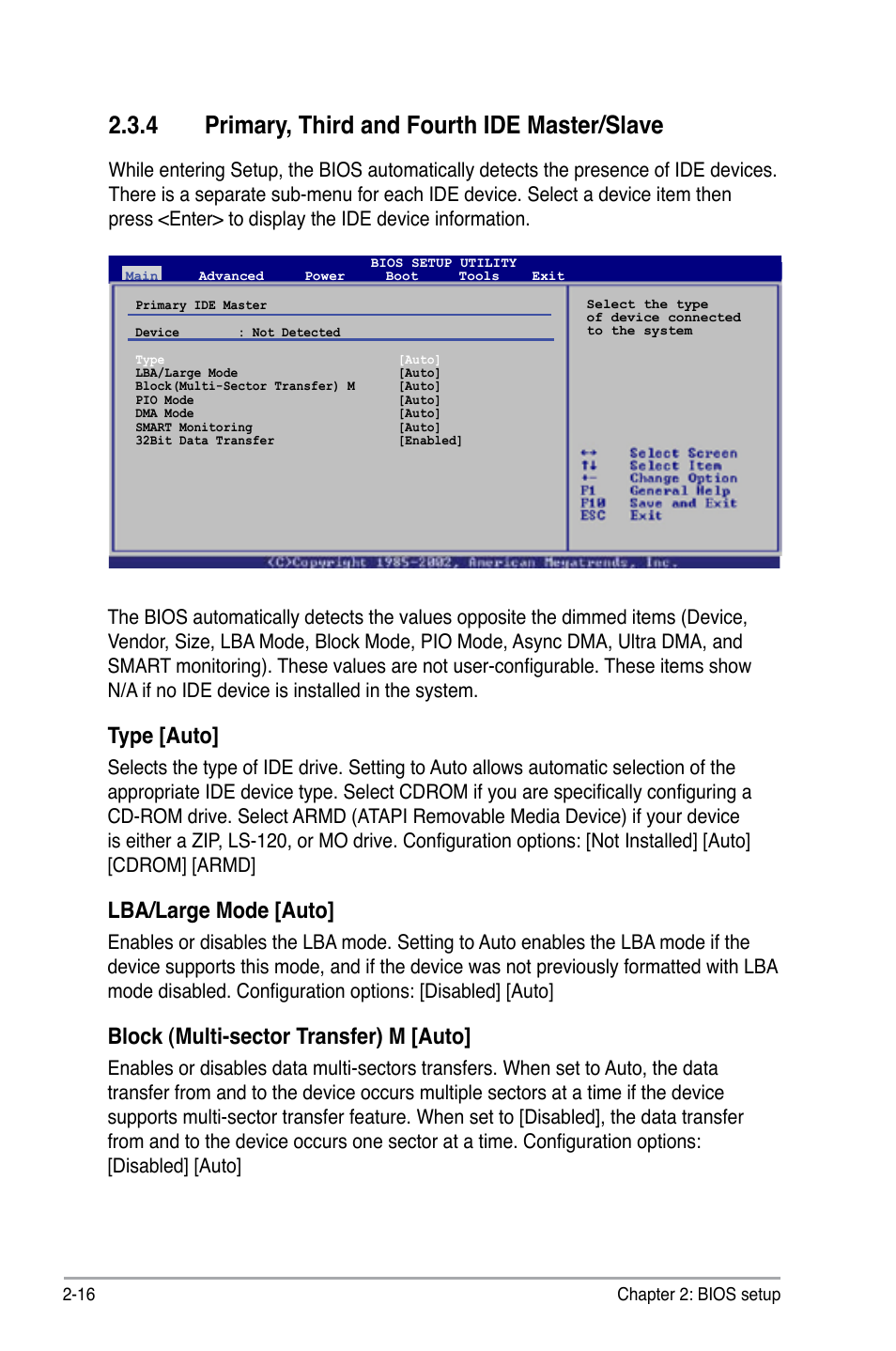 4 primary, third and fourth ide master/slave, Type [auto, Lba/large mode [auto | Block (multi-sector transfer) m [auto | Asus P5KPL User Manual | Page 66 / 96