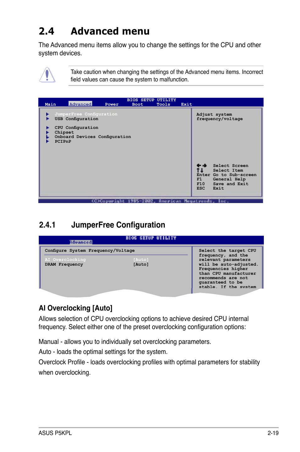 4 advanced menu, 1 jumperfree configuration, Ai overclocking [auto | Asus P5KPL User Manual | Page 69 / 96