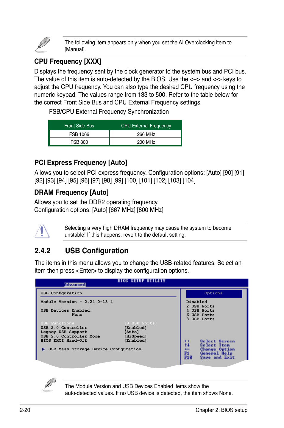 2 usb configuration, Dram frequency [auto, Cpu frequency [xxx | Pci express frequency [auto, Fsb/cpu external frequency synchronization | Asus P5KPL User Manual | Page 70 / 96