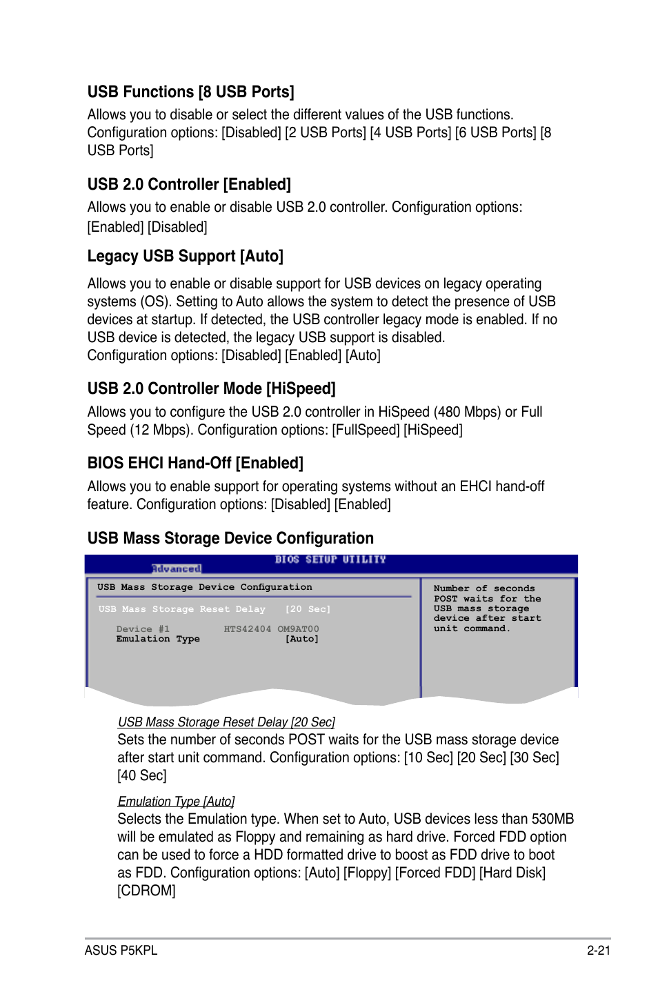 Usb functions [8 usb ports, Usb 2.0 controller [enabled, Legacy usb support [auto | Usb 2.0 controller mode [hispeed, Bios ehci hand-off [enabled, Usb mass storage device configuration | Asus P5KPL User Manual | Page 71 / 96