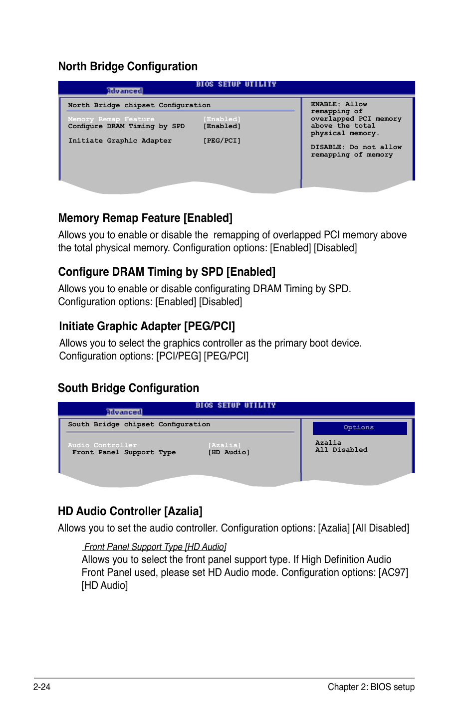 Configure dram timing by spd [enabled, Initiate graphic adapter [peg/pci, South bridge configuration | Hd audio controller [azalia | Asus P5KPL User Manual | Page 74 / 96