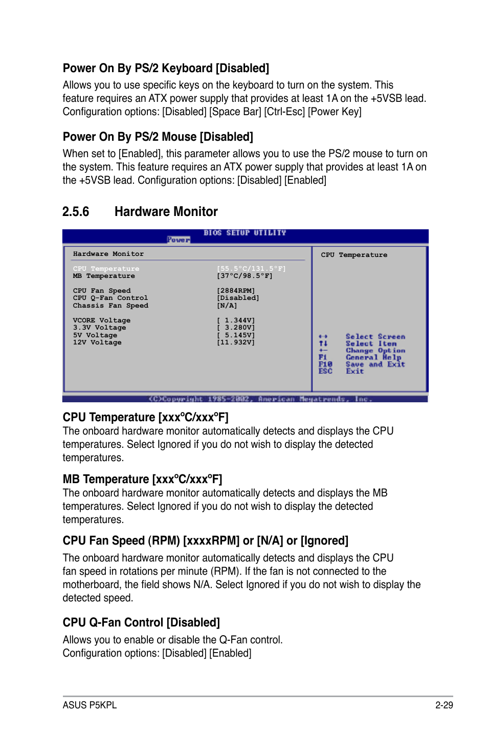 6 hardware monitor, Power on by ps/2 keyboard [disabled, Power on by ps/2 mouse [disabled | Cpu temperature [xxxºc/xxxºf, Mb temperature [xxxºc/xxxºf, Cpu q-fan control [disabled | Asus P5KPL User Manual | Page 79 / 96