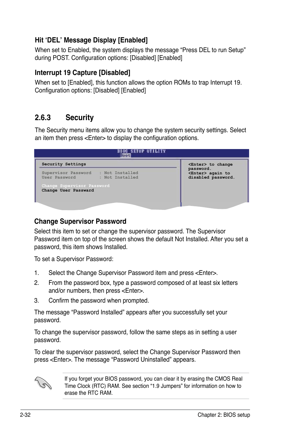 3 security, Hit ‘del’ message display [enabled, Interrupt 19 capture [disabled | Change supervisor password | Asus P5KPL User Manual | Page 82 / 96
