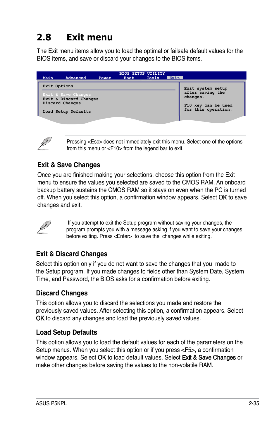 8 exit menu, Exit & discard changes, Discard changes | Load setup defaults, Exit & save changes | Asus P5KPL User Manual | Page 85 / 96