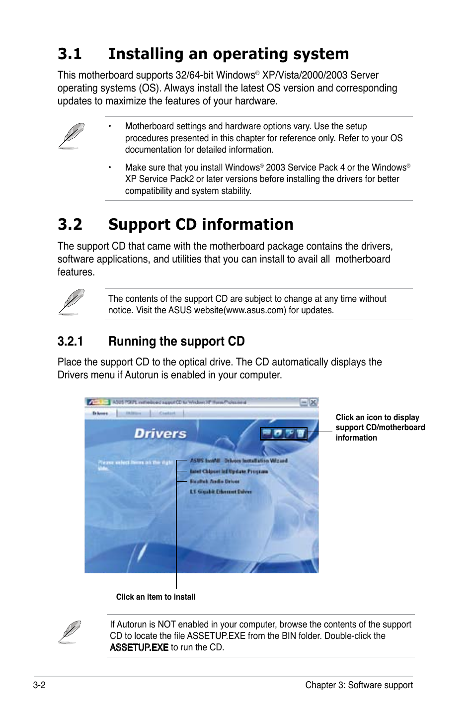 1 installing an operating system, 2 support cd information, 1 running the support cd | Asus P5KPL User Manual | Page 88 / 96