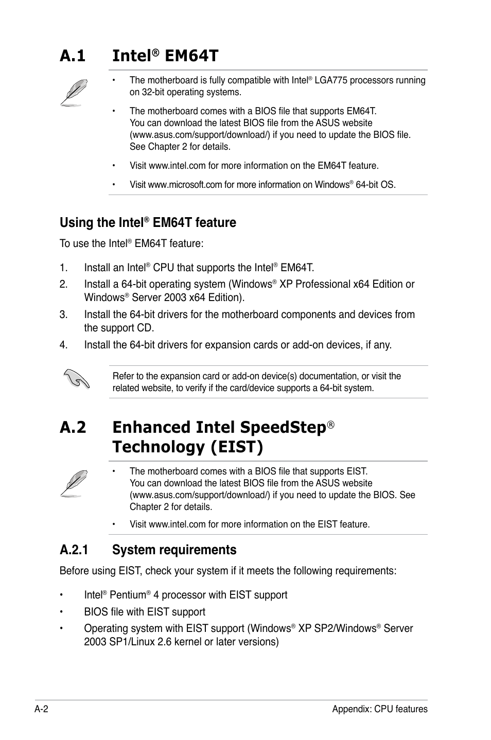 A.1 intel, Em64t, A.2 enhanced intel speedstep | Technology (eist), Using the intel, Em64t feature, A.2.1 system requirements | Asus P5KPL User Manual | Page 94 / 96