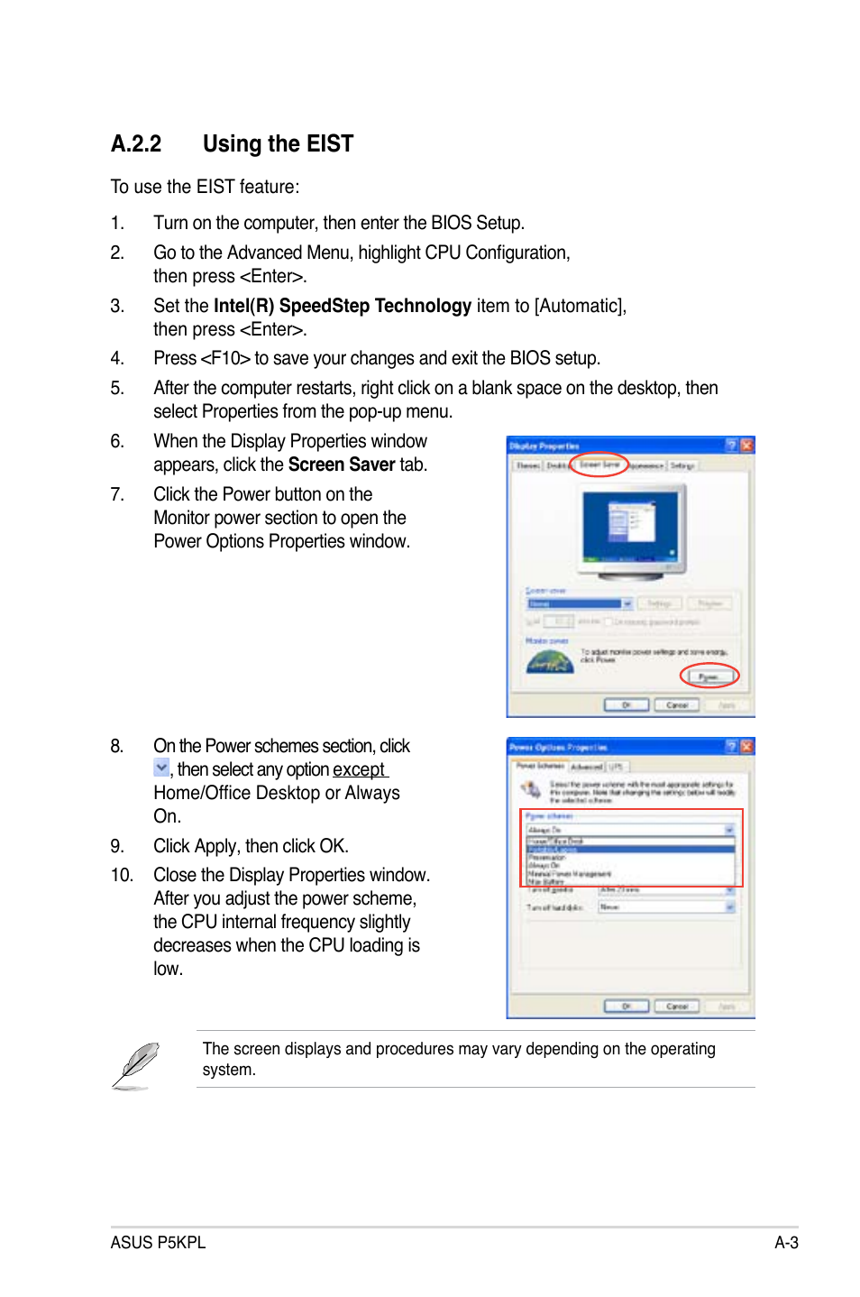 A.2.2 using the eist | Asus P5KPL User Manual | Page 95 / 96