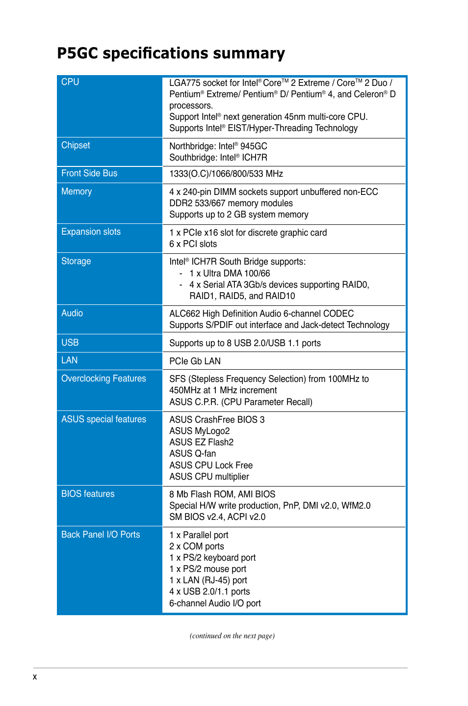 P5gc specifications summary | Asus P5GC User Manual | Page 10 / 110