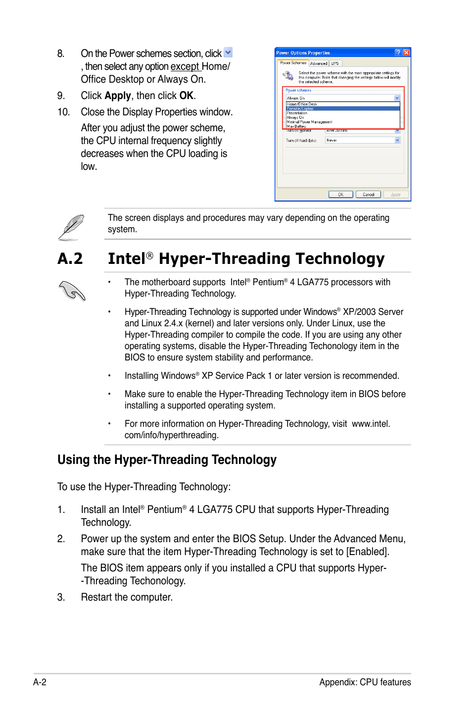 A.2 intel, Hyper-threading technology, Using.the.hyper-threading.technology | Asus P5GC User Manual | Page 110 / 110