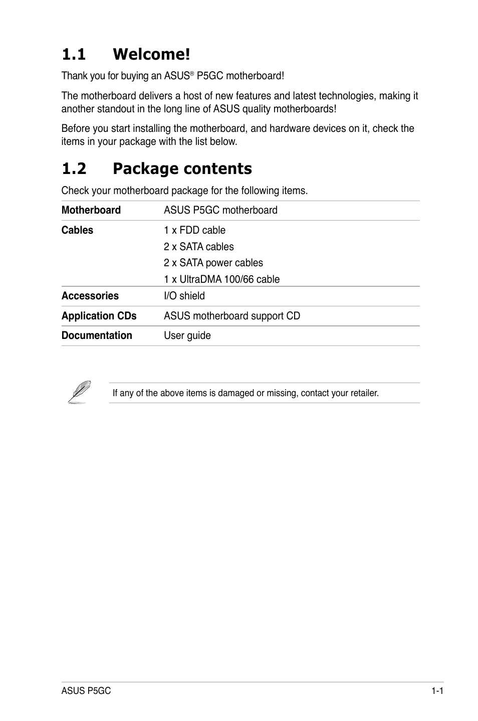 1 welcome, 2 package contents | Asus P5GC User Manual | Page 15 / 110