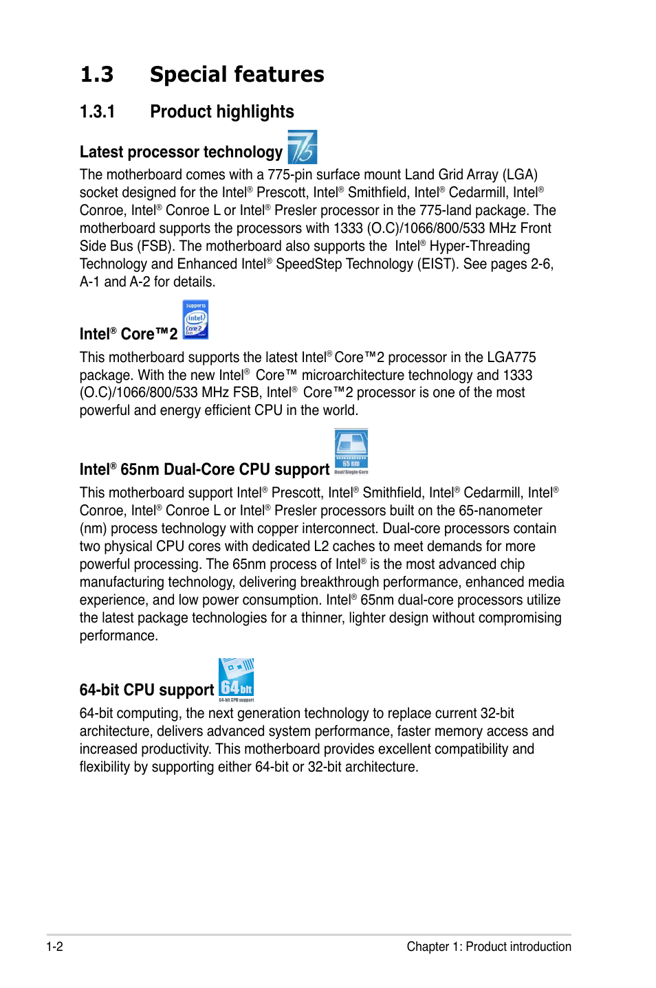 3 special features, Product.highlights, Latest.processor.technology | Intel, Core™2, 65nm.dual-core.cpu.support, Bit.cpu.support | Asus P5GC User Manual | Page 16 / 110