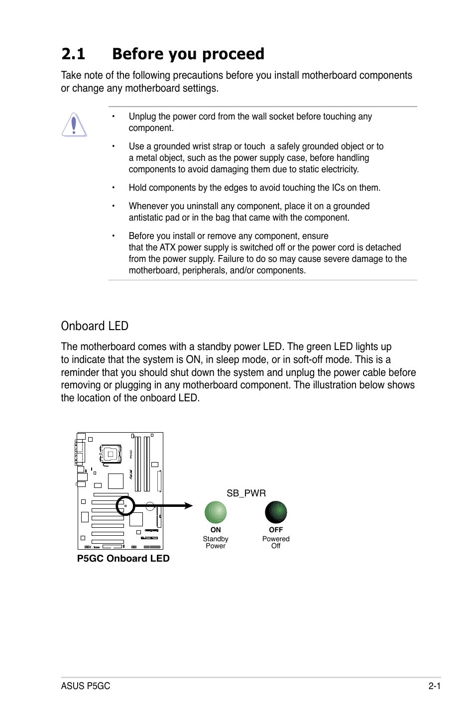 1 before you proceed, Onboard led | Asus P5GC User Manual | Page 23 / 110