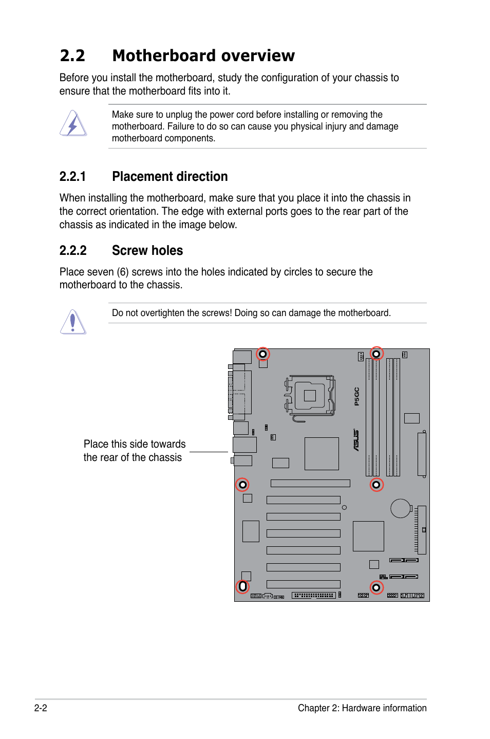 2 motherboard overview, Placement.direction, Screw.holes | Asus P5GC User Manual | Page 24 / 110