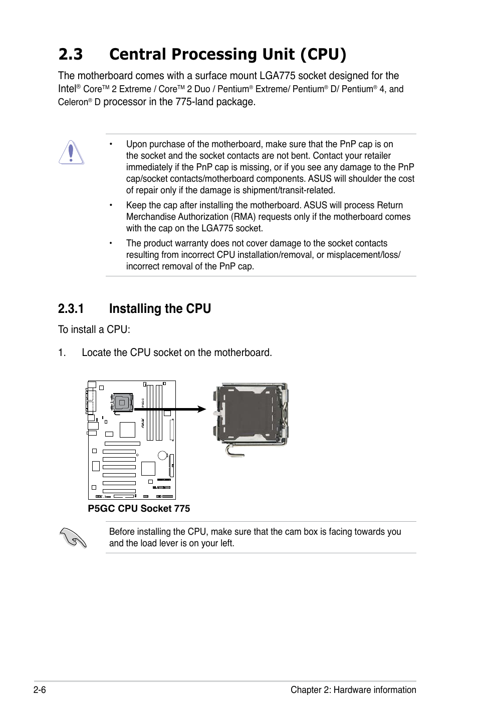 3 central processing unit (cpu), Installing.the.cpu | Asus P5GC User Manual | Page 28 / 110