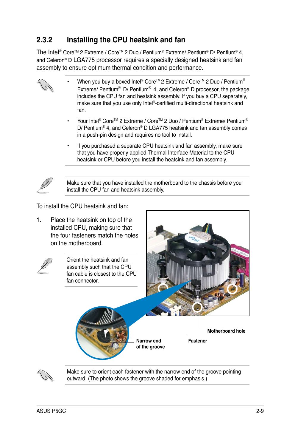 Installing.the.cpu.heatsink.and.fan, The intel | Asus P5GC User Manual | Page 31 / 110