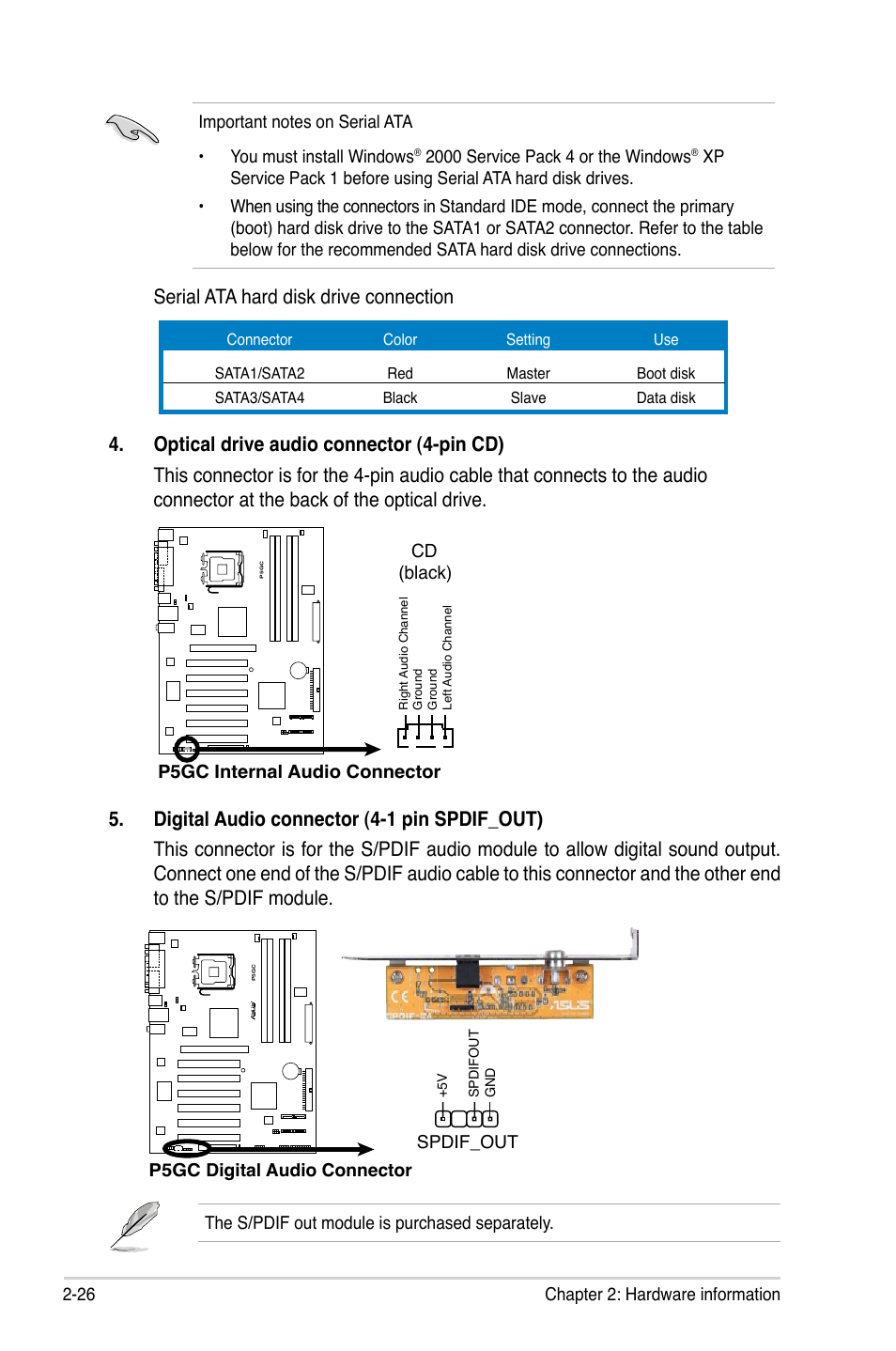 Serial ata hard disk drive connection | Asus P5GC User Manual | Page 48 / 110