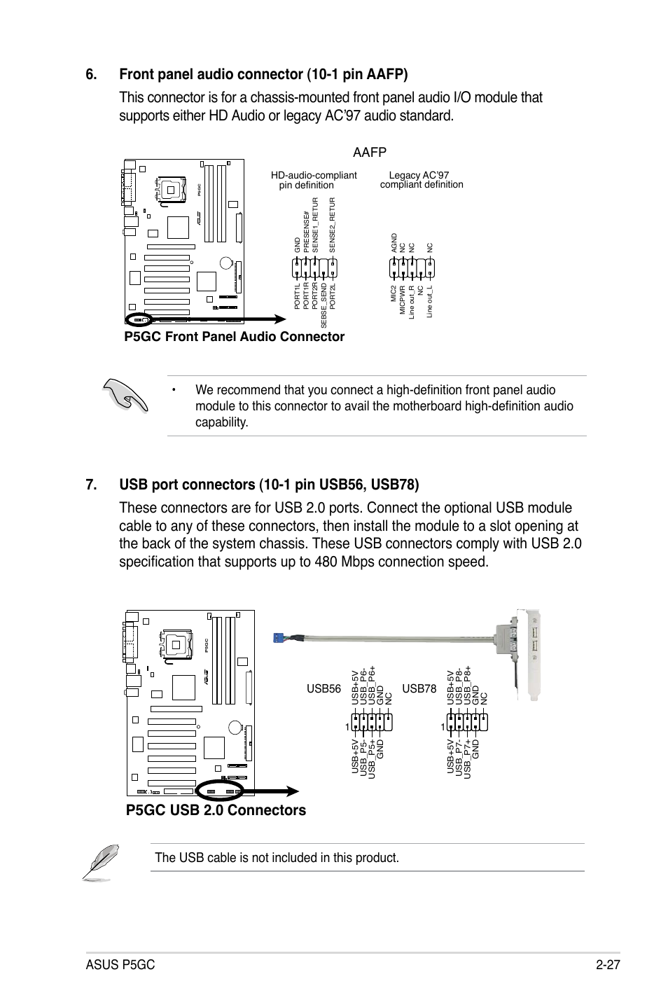 Asus p5gc 2-27, The usb cable is not included in this product, P5gc.front.panel.audio.connector | Aafp, Usb78, Usb56 | Asus P5GC User Manual | Page 49 / 110