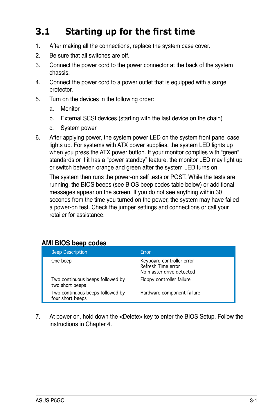 1 starting up for the first time, Ami.bios.beep.codes | Asus P5GC User Manual | Page 55 / 110