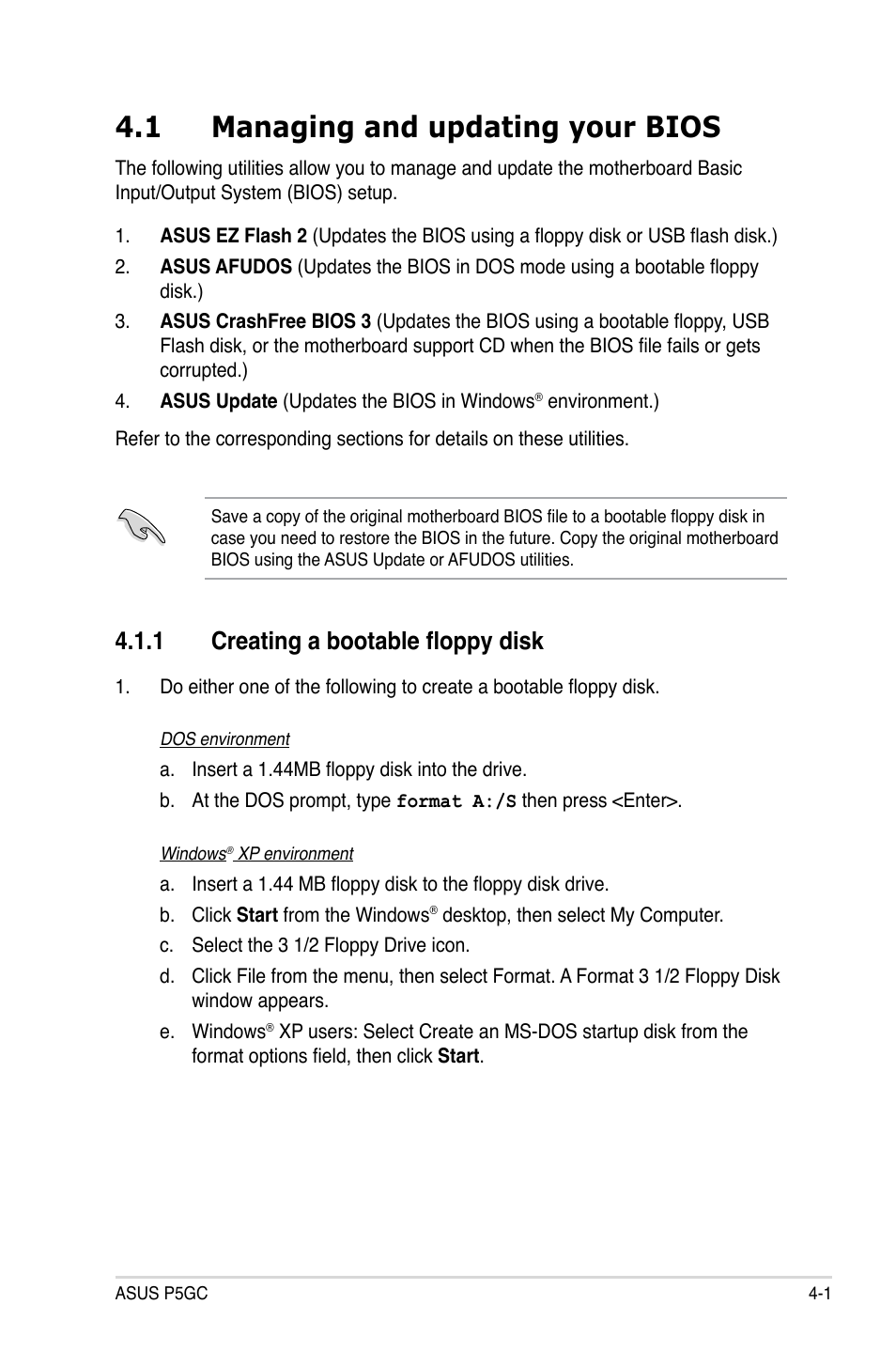 1 managing and updating your bios, 1 creating a bootable floppy disk | Asus P5GC User Manual | Page 59 / 110