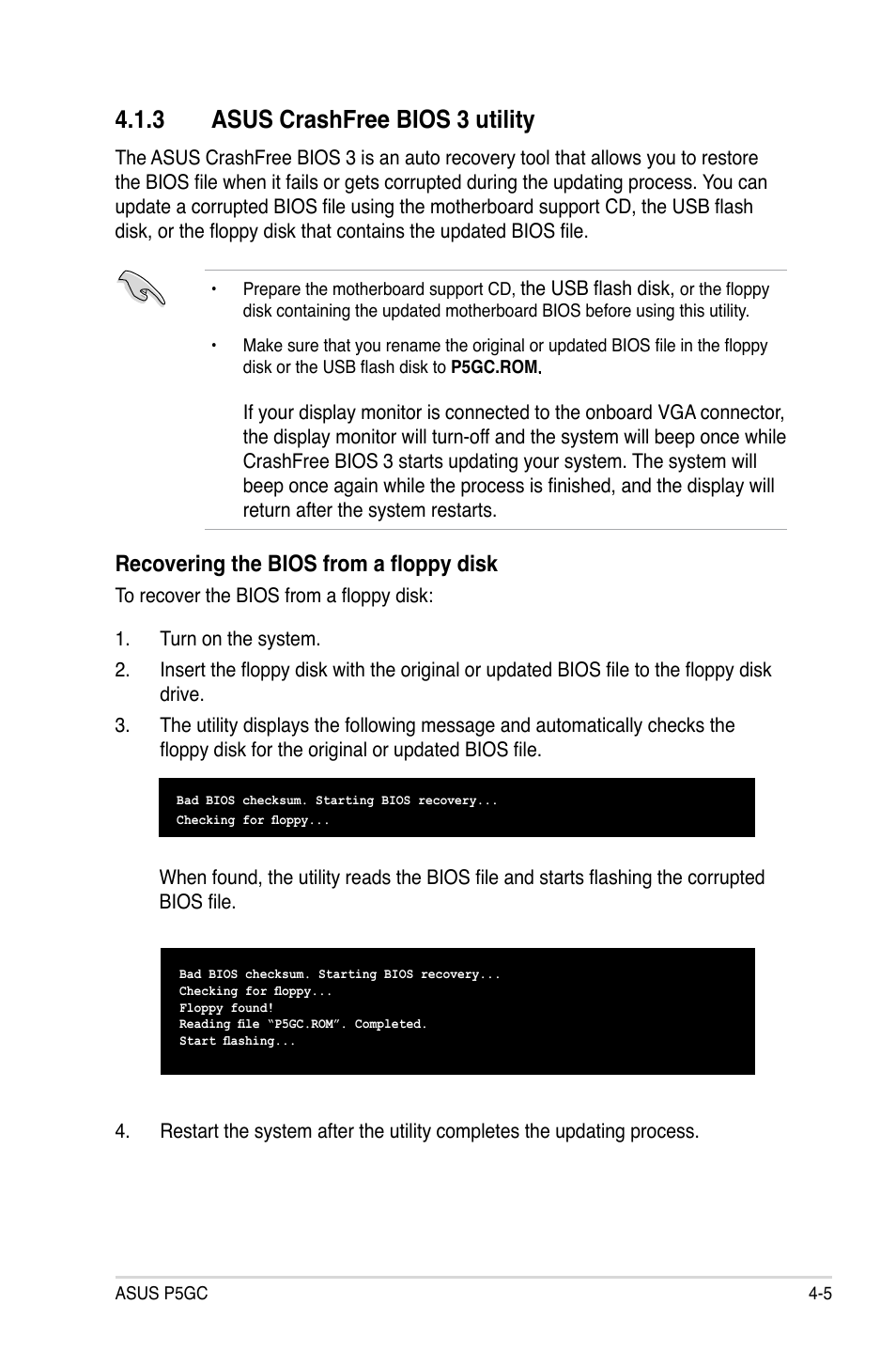 Asus.crashfree.bios.3.utility, Recovering the bios from a floppy disk | Asus P5GC User Manual | Page 63 / 110