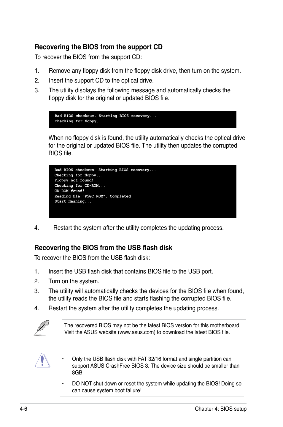 Recovering.the.bios.from.the.support.cd, Recovering the bios from the usb flash disk | Asus P5GC User Manual | Page 64 / 110