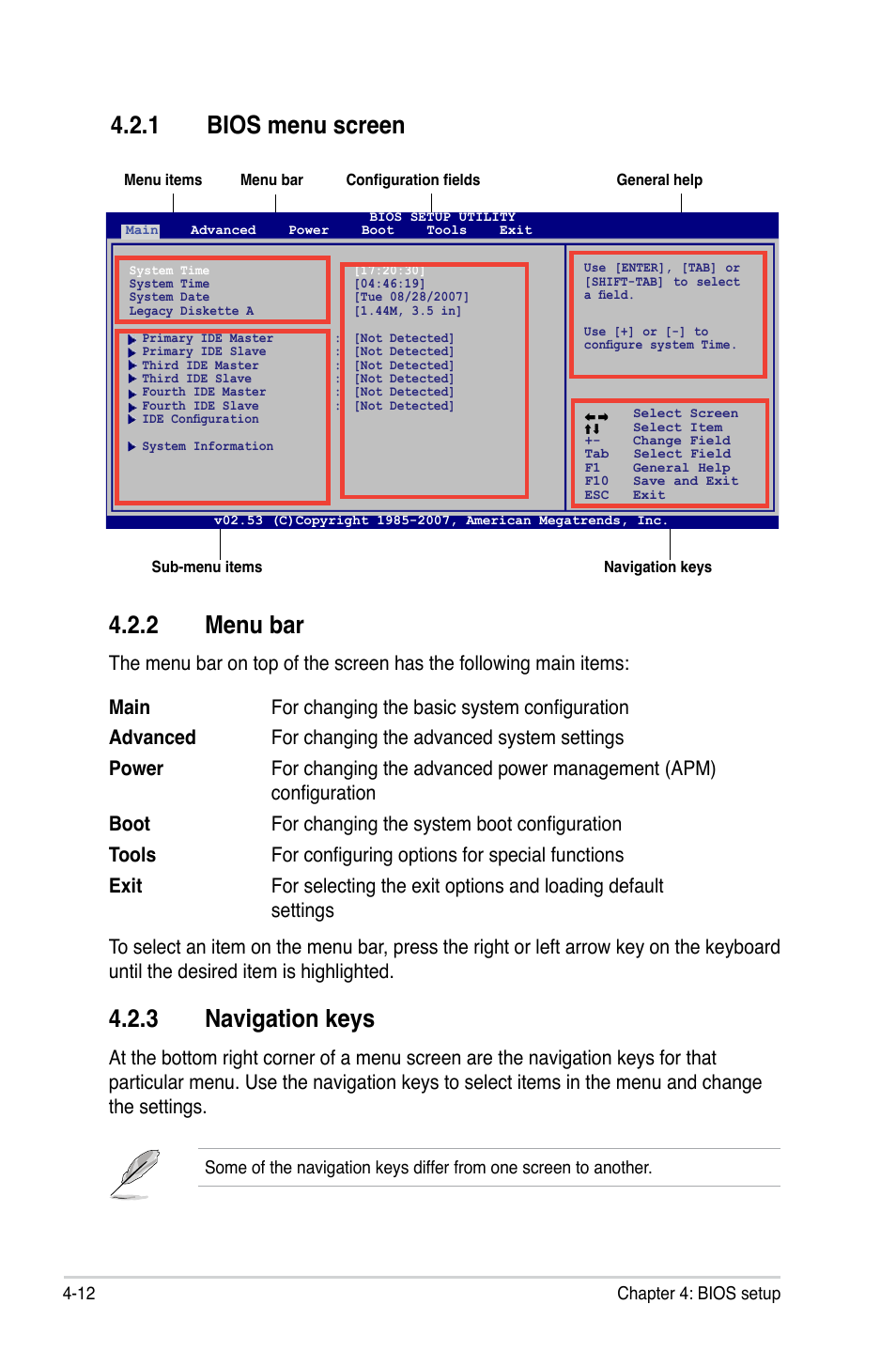 Menu.bar, Navigation.keys, Bios.menu.screen | Asus P5GC User Manual | Page 70 / 110