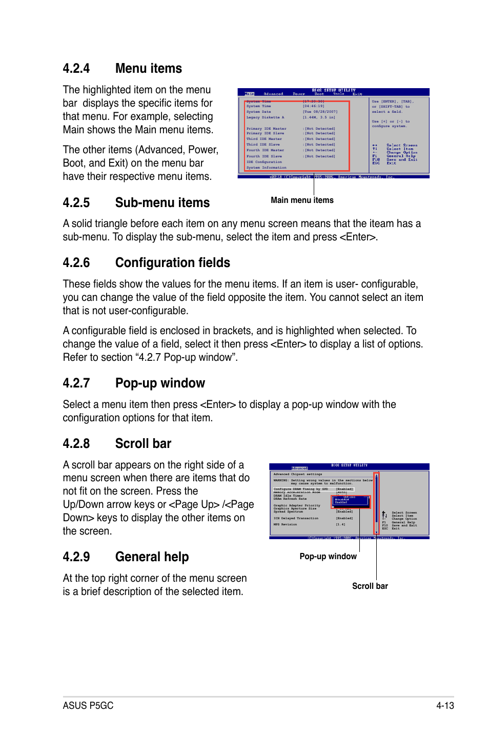 Menu.items, Sub-menu.items, 6 configuration fields | Pop-up.window, Scroll.bar, General.help, Asus p5gc 4-13 | Asus P5GC User Manual | Page 71 / 110