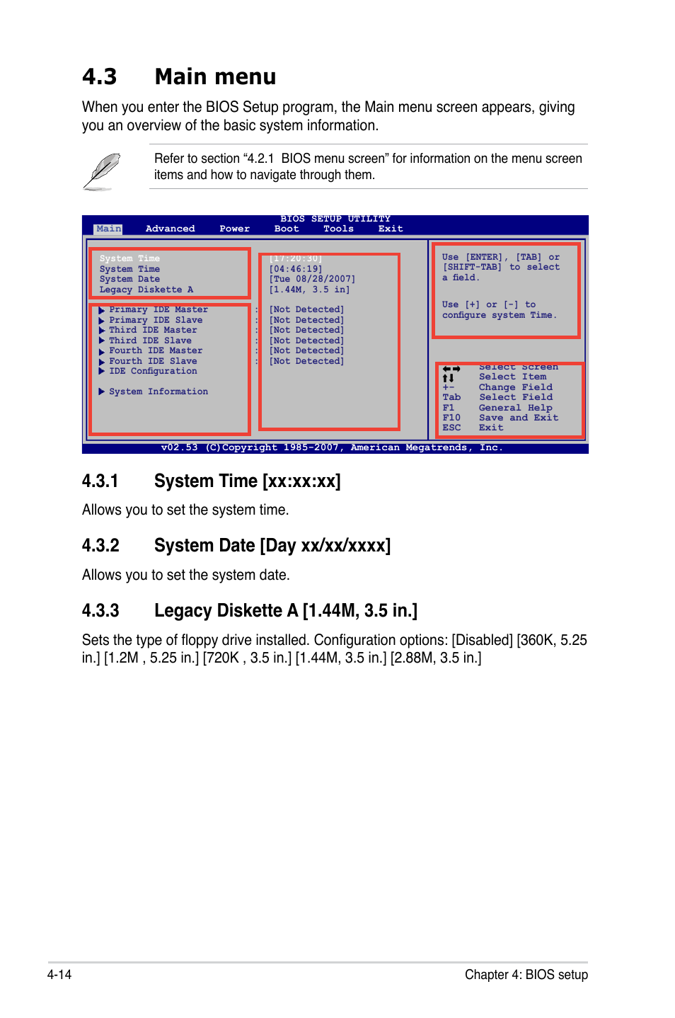 3 main menu, System.time.[xx:xx:xx, Allows you to set the system time | Allows you to set the system date | Asus P5GC User Manual | Page 72 / 110